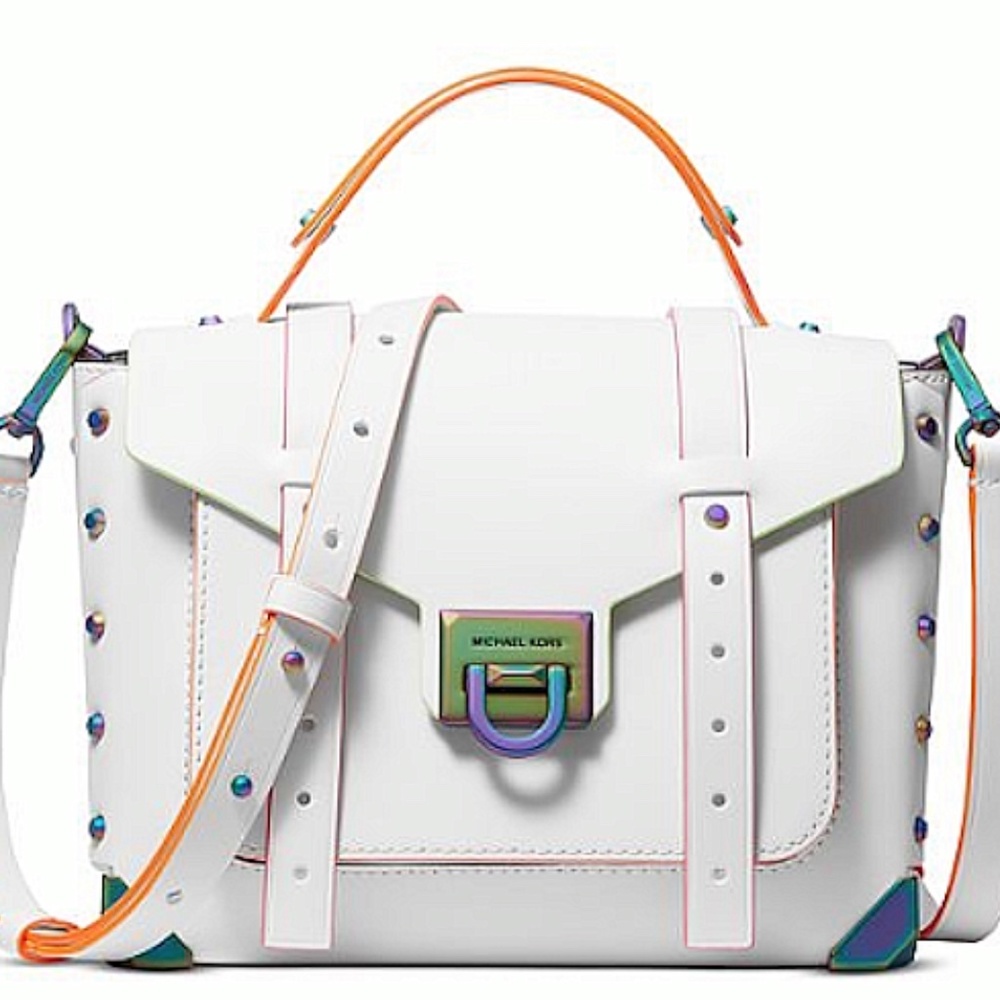 NWT Michael Kors Manhattan Medium Top Handle School Optic White/Oil Slick Org pk